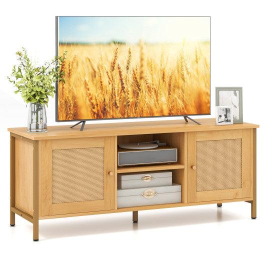 Boho TV Stand for TV up to 55 Inches with Faux Rattan Door-Natural