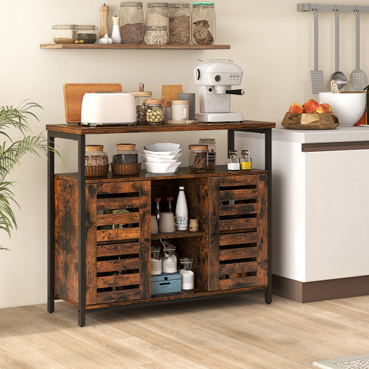 Buffet Cabinet Industrial Sideboard Storage Cabinet with Push-to-Open Slatted Door and 3 Adjustable Shelves-Rustic Brown