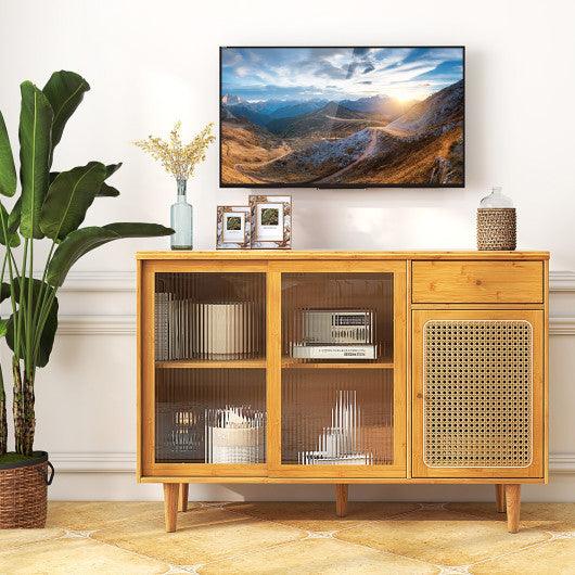 Modern Bamboo Buffet Sideboard Cabinet with Tempered Glass Sliding Doors-Natural