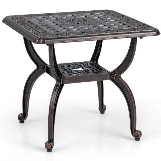 Cast Aluminum Outdoor Side Table with Storage Shelf for Garden Porch Balcony-Rustic Brown