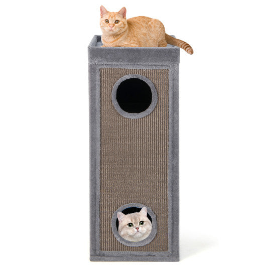 39 Inch Tall Cat Condo with Scratching Posts and 3 Hideaways and 4 Soft Plush Cushions-Gray