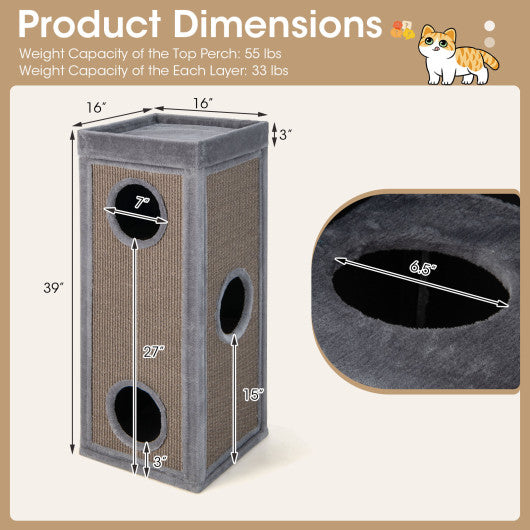 39 Inch Tall Cat Condo with Scratching Posts and 3 Hideaways and 4 Soft Plush Cushions-Gray