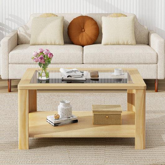 2-Tier Coffee Table Rectangular Center Table with Tempered Glass Tabletop and Storage Shelf-Natural