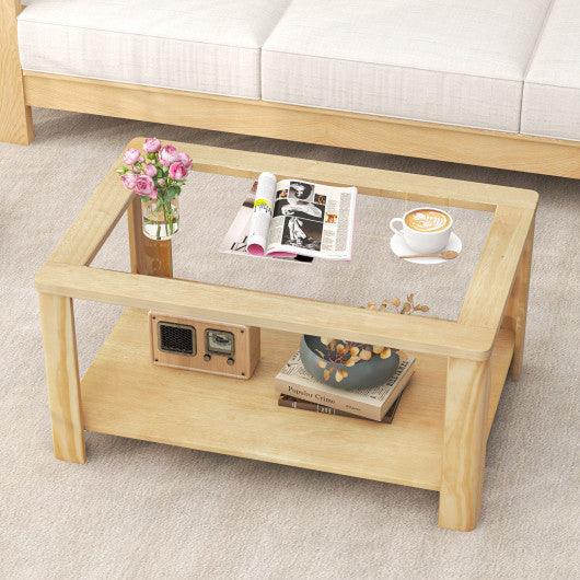 2-Tier Coffee Table Rectangular Center Table with Tempered Glass Tabletop and Storage Shelf-Natural