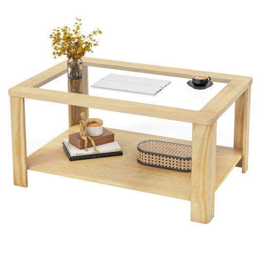 2-Tier Coffee Table Rectangular Center Table with Tempered Glass Tabletop and Storage Shelf-Natural