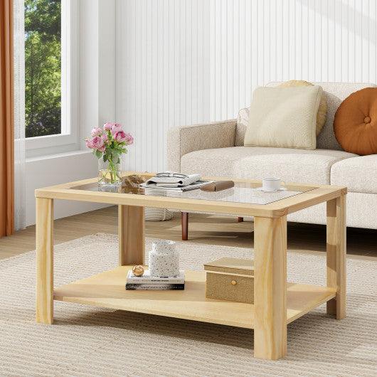 2-Tier Coffee Table Rectangular Center Table with Tempered Glass Tabletop and Storage Shelf-Natural