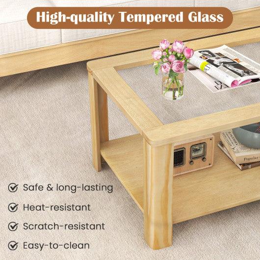 2-Tier Coffee Table Rectangular Center Table with Tempered Glass Tabletop and Storage Shelf-Natural