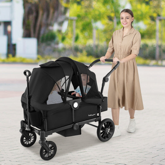 2 Seater Push Pull Collapsible Kids Wagon Stroller with Adjustable Handlebars-Black