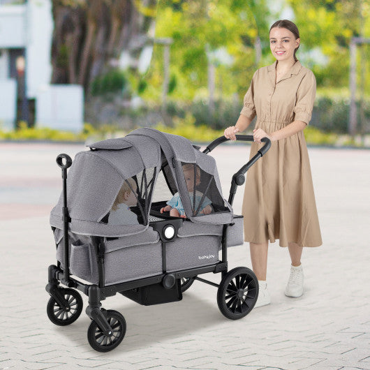 2 Seater Push Pull Collapsible Kids Wagon Stroller with Adjustable Handlebars-Gray