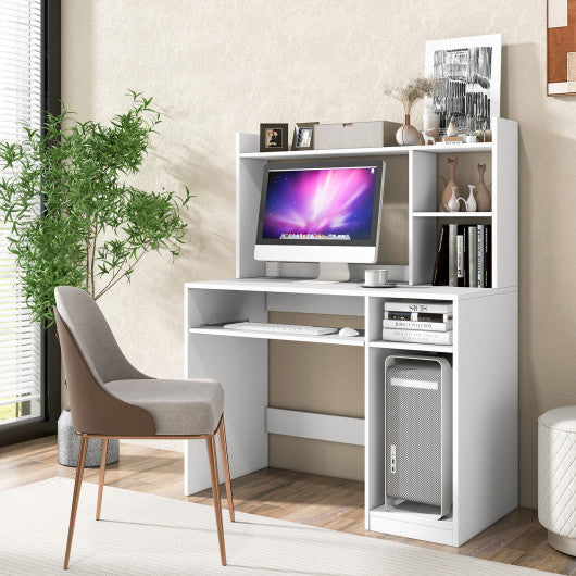 Home Office Computer Desk with Bookcase Keyboard Tray and CPU Stand-White