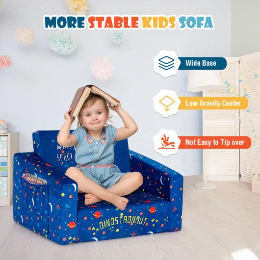 2-in-1 Convertible Kids Sofa with Velvet Fabric-Blue