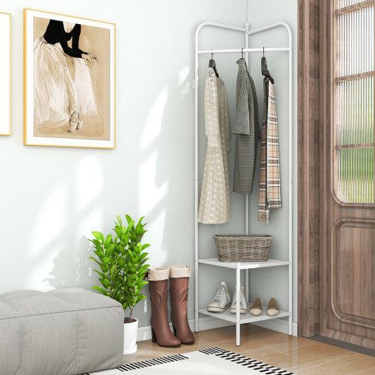 Corner Coat Rack with Top Hanger and 2 Mesh Shelves for Entryway Hallway Living Room Bedroom-White