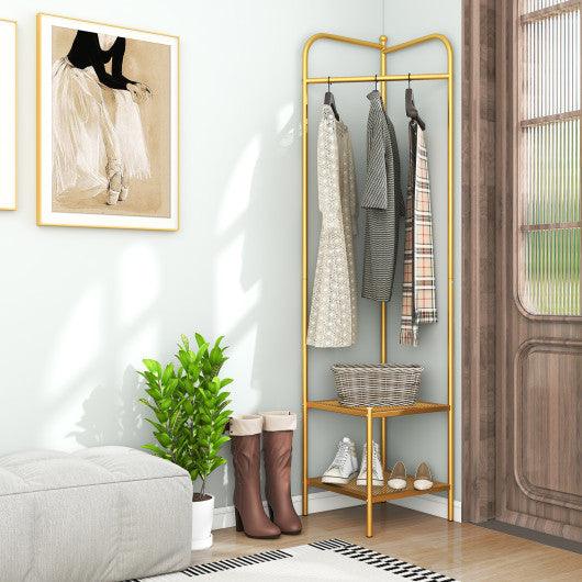 Corner Coat Rack with Top Hanger and 2 Mesh Shelves for Entryway Hallway Living Room Bedroom-Golden