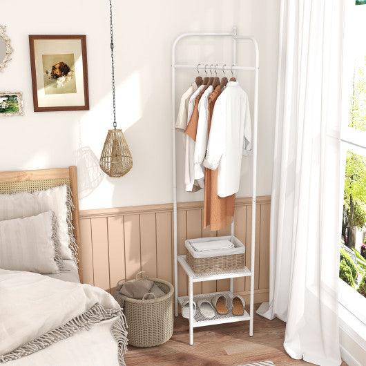 Corner Coat Rack with Top Hanger and 2 Mesh Shelves for Entryway Hallway Living Room Bedroom-White