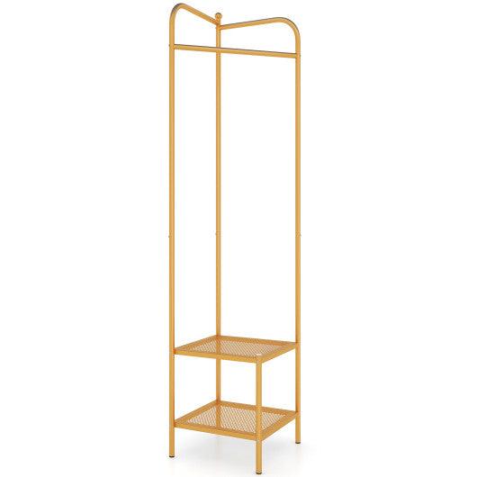 Corner Coat Rack with Top Hanger and 2 Mesh Shelves for Entryway Hallway Living Room Bedroom-Golden