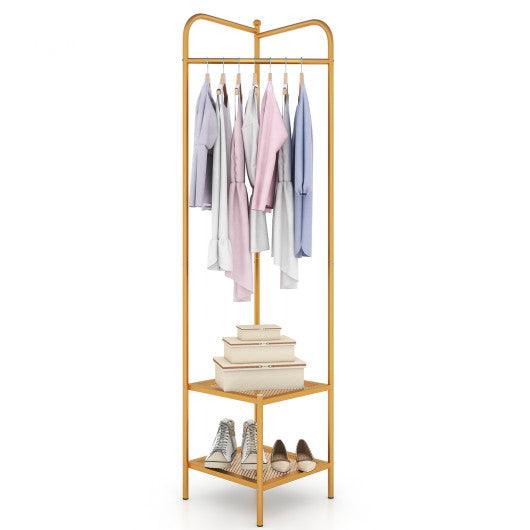 Corner Coat Rack with Top Hanger and 2 Mesh Shelves for Entryway Hallway Living Room Bedroom-Golden