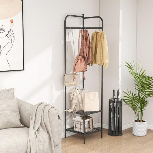 Corner Coat Rack with Top Hanger and 2 Mesh Shelves for Entryway Hallway Living Room Bedroom-Black