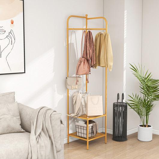 Corner Coat Rack with Top Hanger and 2 Mesh Shelves for Entryway Hallway Living Room Bedroom-Golden