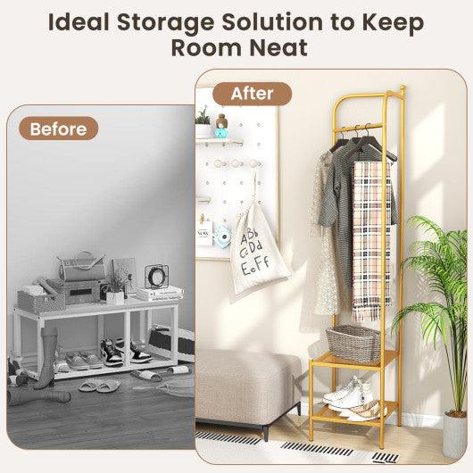 Corner Coat Rack with Top Hanger and 2 Mesh Shelves for Entryway Hallway Living Room Bedroom-Golden