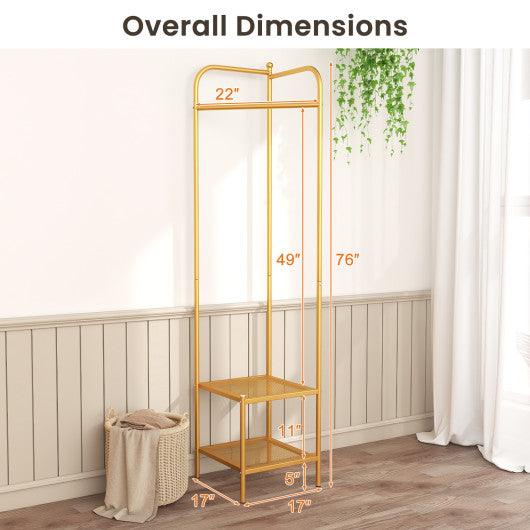 Corner Coat Rack with Top Hanger and 2 Mesh Shelves for Entryway Hallway Living Room Bedroom-Golden