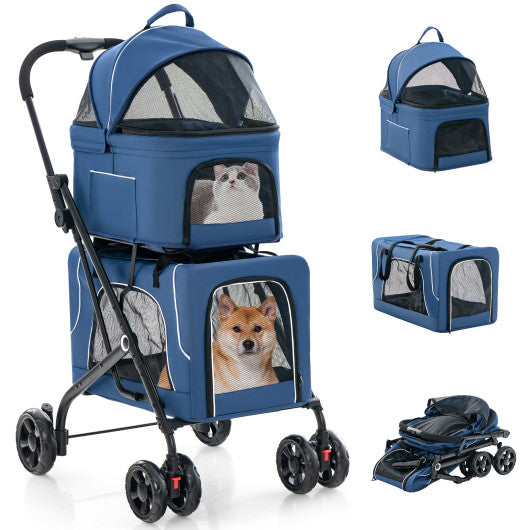 Double Pet Stroller Foldable 3-in-1 Dog Stroller with 2 Detachable Carriers-Blue