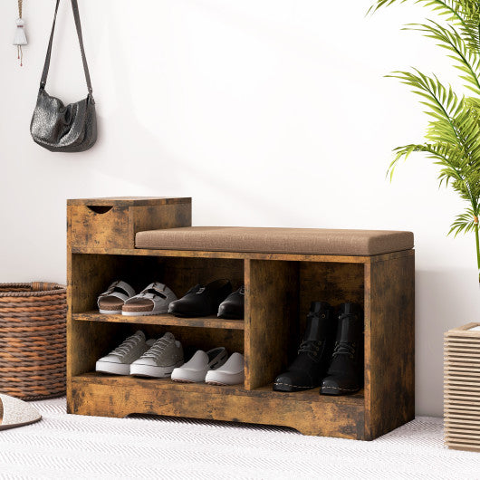 Entryway Storage Shoe Bench with 1 Storage Drawer and 3 Open Compartments-Rustic Brown