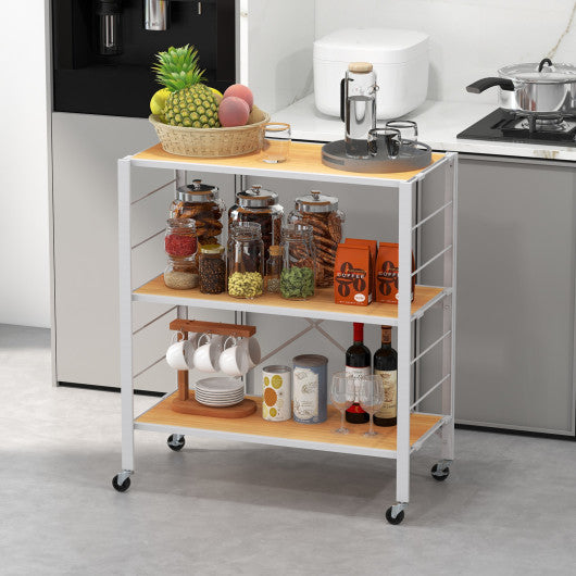 3-Tier Foldable Shelving Unit with Detachable Wheels and Adjustable Shelves-Natural