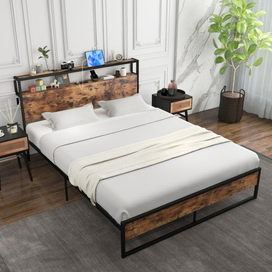 Full/Queen Bed Frame with 2-Tier Storage Headboard and Charging Station-Queen Size