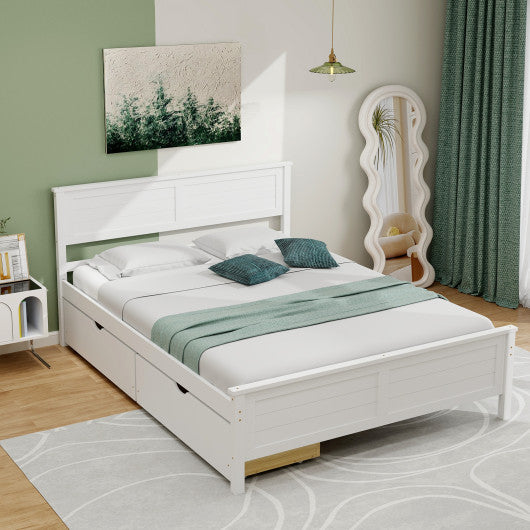 Full Size Bed Frame with Storage Drawers and Solid Wood Headboard-White