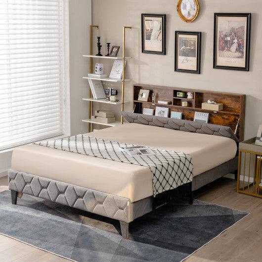 Full/Queen Size Upholstered Bed Frame with Storage Headboard-Full Size