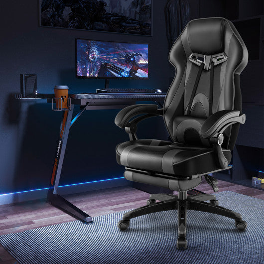 Gaming Chair Racing Style Swivel Chair with Footrest and Adjustable Lumbar Pillow-Gray