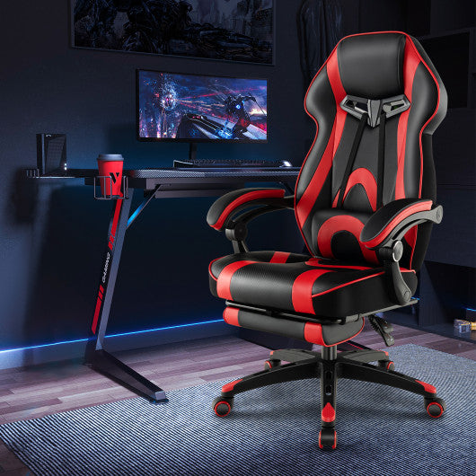 Gaming Chair Racing Style Swivel Chair with Footrest and Adjustable Lumbar Pillow-Red