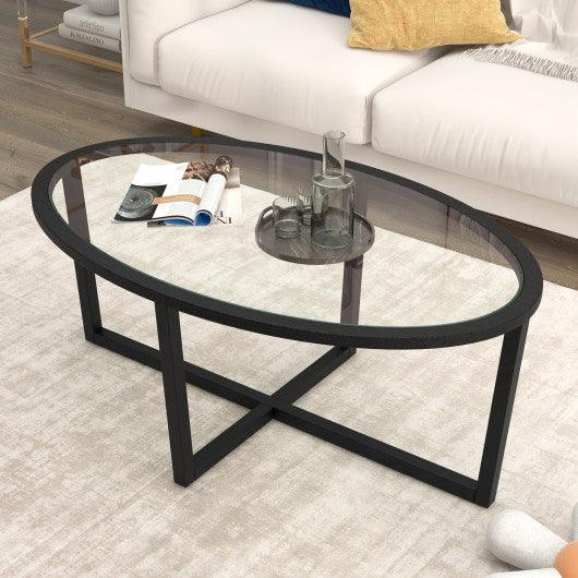 Glass Coffee Table Oval Living Room Table with Cross Base and Acacia Wood Legs-Black