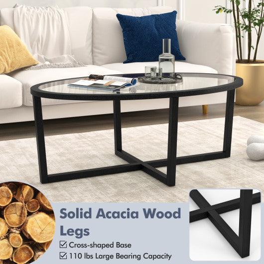 Glass Coffee Table Oval Living Room Table with Cross Base and Acacia Wood Legs-Black