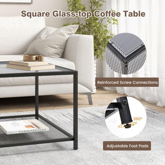 Modern 2-Tier Square Glass Coffee Table with Mesh Shelf-Gray