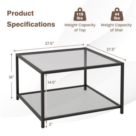 Modern 2-Tier Square Glass Coffee Table with Mesh Shelf-Gray