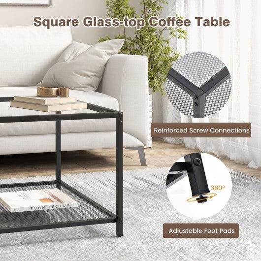 Modern 2-Tier Square Glass Coffee Table with Mesh Shelf-Transparent