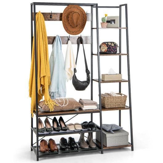 5-in-1 Entryway Hall Tree with Storage Bench with 9 Hooks-Rustic Brown