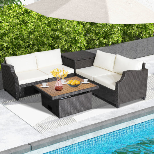 7 Pieces Hand-Woven Wicker Outdoor Furniture Set with Acacia Wood Coffee Table-White