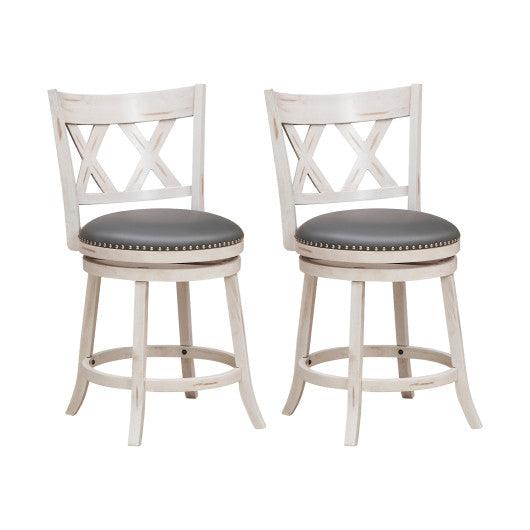 25.5 Inch Hand-Antiqued Stool Set of 2 with Wider Padded Seat-White