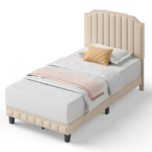 Heavy Duty Upholstered Bed Frame with Rivet Headboard-Twin Size