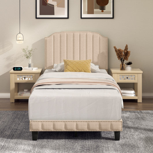 Heavy Duty Upholstered Bed Frame with Rivet Headboard-Twin Size