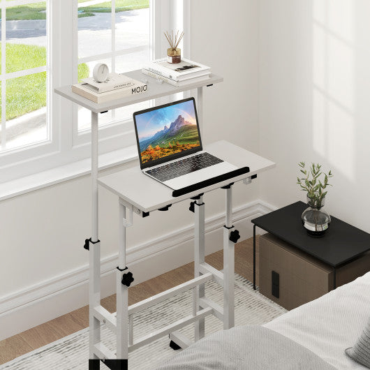 Mobile Standing Desk Height-Adjustable Laptop Cart with Split Top and Hanging Hooks-White