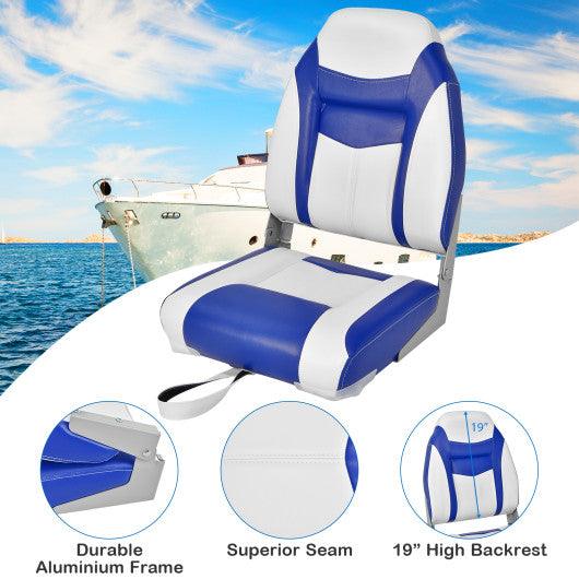 High Back Folding Boat Seat with Blue White Sponge Cushion and Flexible Hinges-Blue