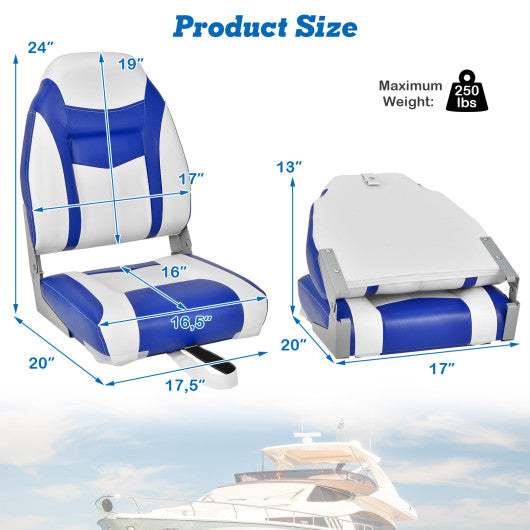 High Back Folding Boat Seat with Blue White Sponge Cushion and Flexible Hinges-Blue