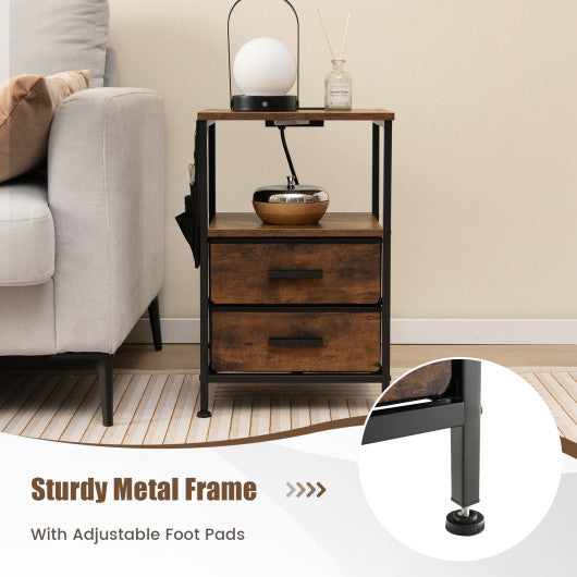 Industrial Bedside Table with USB Ports and AC Outlets for Bedroom Living  Room-Set of 2