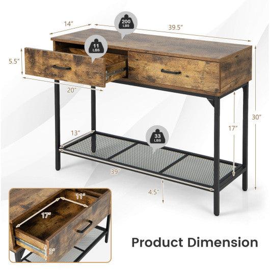 2 Drawers Industrial Console Table with Steel Frame for Small Space-Rustic Brown