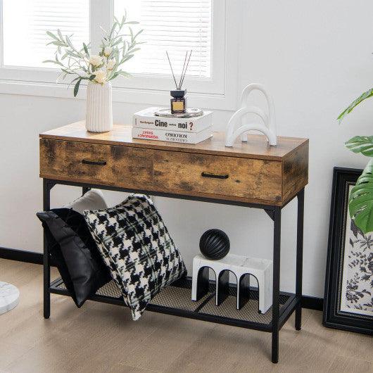 2 Drawers Industrial Console Table with Steel Frame for Small Space-Rustic Brown