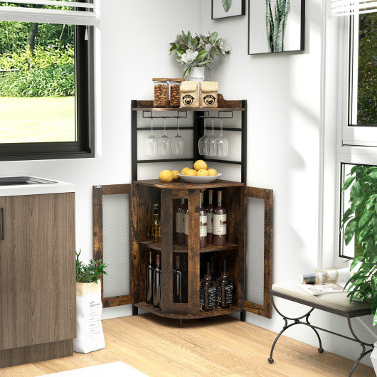 Industrial Corner Bar Cabinet with Glass Holder and Adjustable Shelf-Rustic Brown