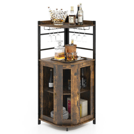 Industrial Corner Bar Cabinet with Glass Holder and Adjustable Shelf-Rustic Brown